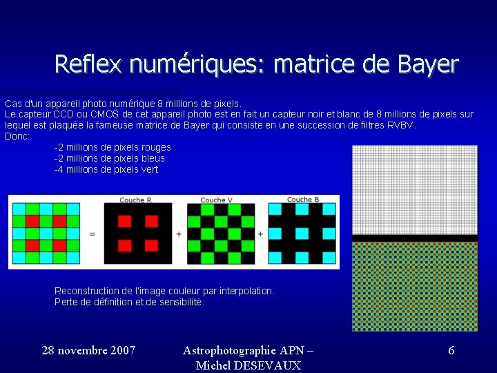 Reflex numériques: matrice de Bayer Cas d'un appareil photo numérique 8 millions de pixels. Reflex numériques: matrice de Bayer Cas d'un appareil photo numérique 8 millions de pixels.