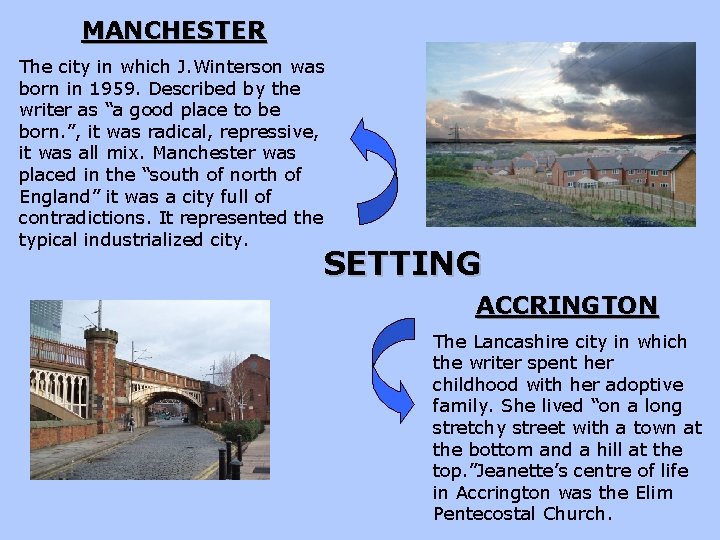 MANCHESTER The city in which J. Winterson was born in 1959. Described by the