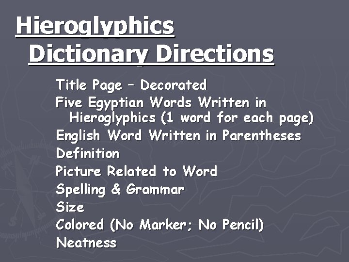 Hieroglyphics Dictionary Directions Title Page – Decorated Five Egyptian Words Written in Hieroglyphics (1