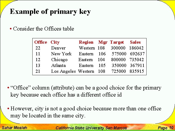 Example of primary key • Consider the Offices table Office 22 11 12 13