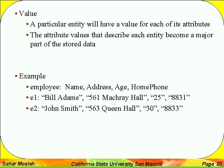  • Value • A particular entity will have a value for each of