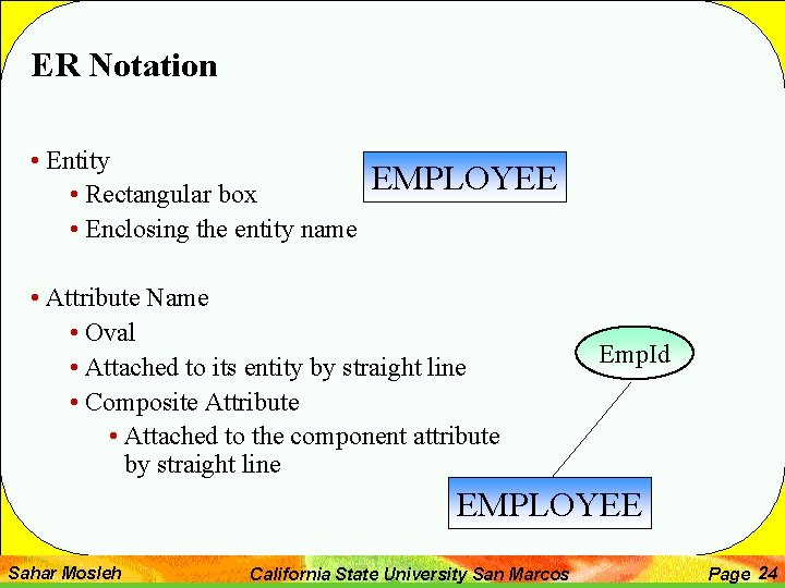 ER Notation • Entity • Rectangular box • Enclosing the entity name EMPLOYEE •