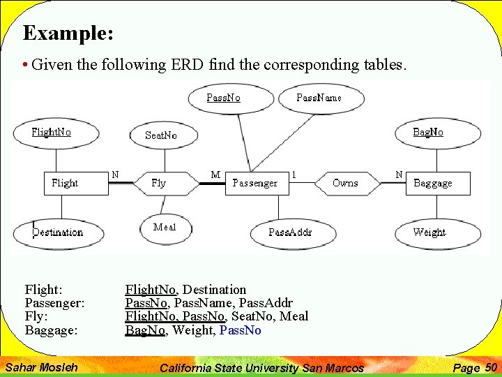 Example: • Given the following ERD find the corresponding tables. Flight: Passenger: Fly: Baggage: