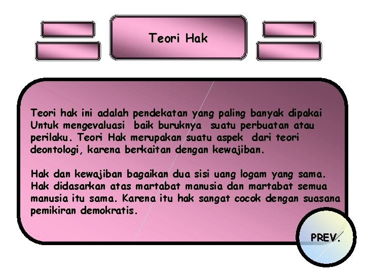 Teori Hak Teori hak ini adalah pendekatan yang paling banyak dipakai Untuk mengevaluasi baik