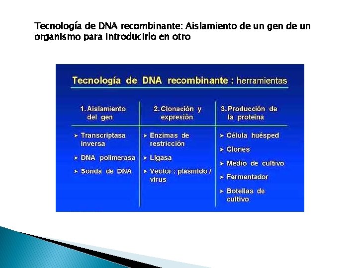 Tecnología de DNA recombinante: Aislamiento de un gen de un organismo para introducirlo en