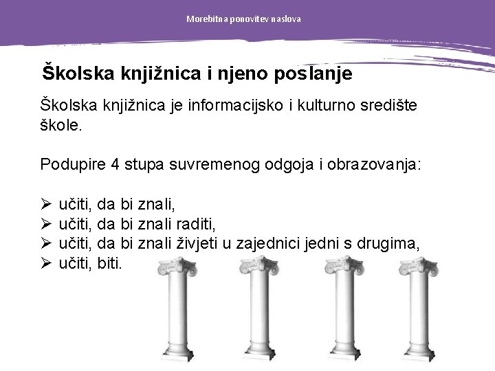 Morebitna ponovitev naslova Školska knjižnica i njeno poslanje Školska knjižnica je informacijsko i kulturno