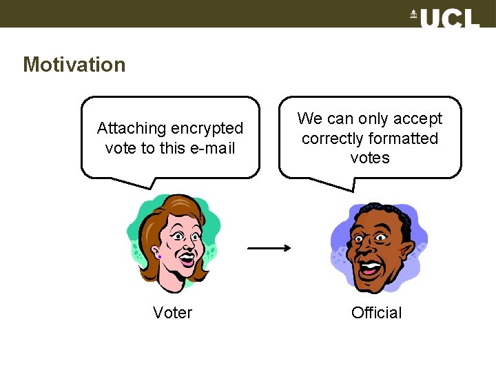 Motivation Attaching encrypted vote to this e-mail Voter We can only accept correctly formatted