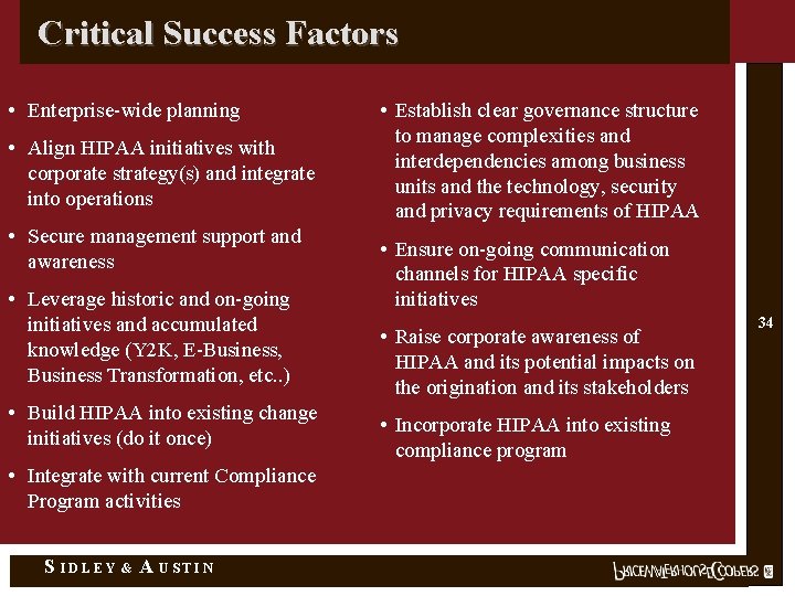Critical Success Factors • Enterprise-wide planning • Align HIPAA initiatives with corporate strategy(s) and