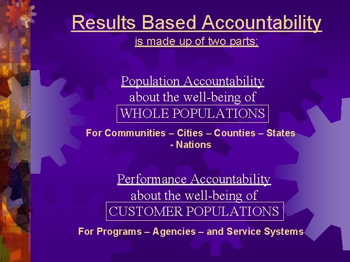 Results Based Accountability is made up of two parts: Population Accountability about the well-being