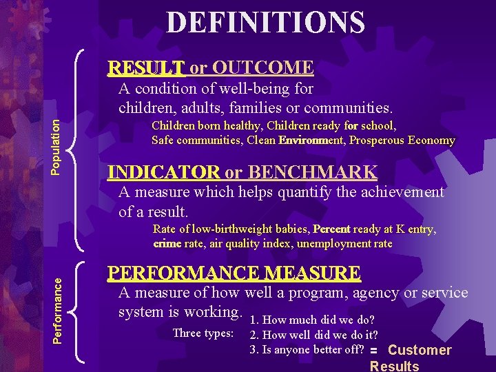 DEFINITIONS RESULT or OUTCOME Population A condition of well-being for children, adults, families or