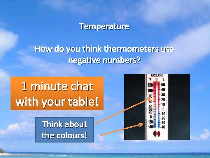 Temperature How do you think thermometers use negative numbers? 1 minute chat with your