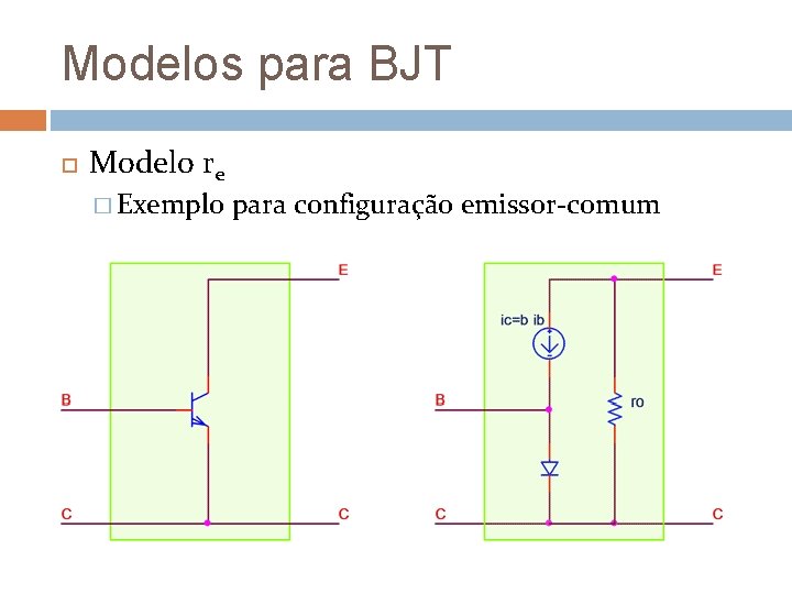 Modelos para BJT Modelo re � Exemplo para configuração emissor-comum 