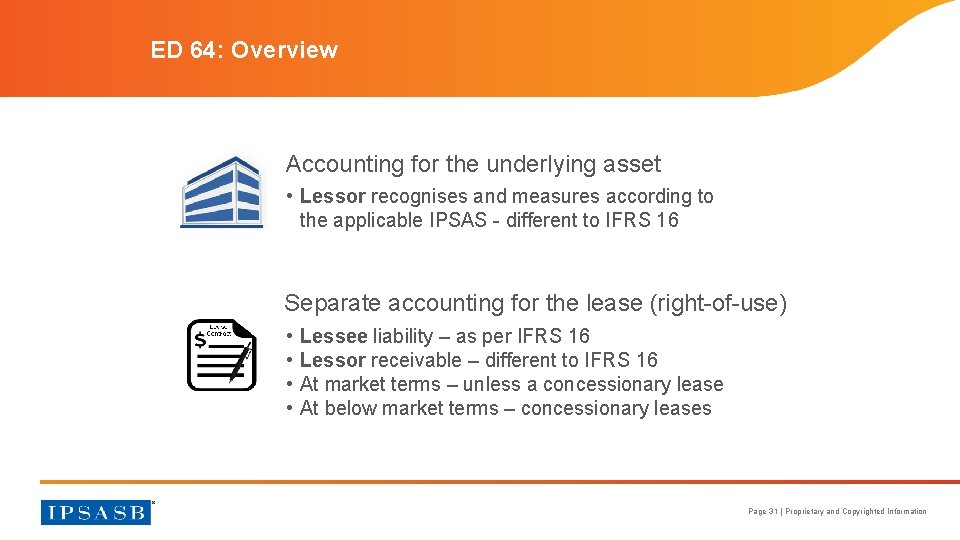 ED 64: Overview Lessor Accounting for the underlying asset • Lessor recognises and measures