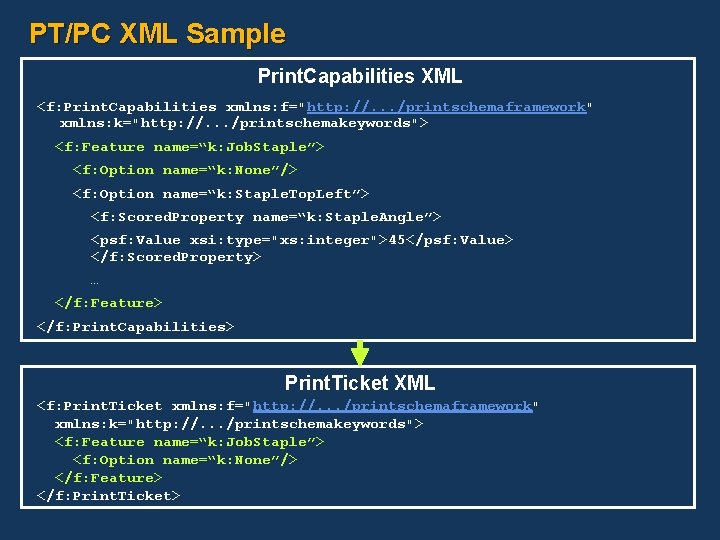 PT/PC XML Sample Print. Capabilities XML <f: Print. Capabilities xmlns: f="http: //. . . PT/PC XML Sample Print. Capabilities XML <f: Print. Capabilities xmlns: f="http: //. . .
