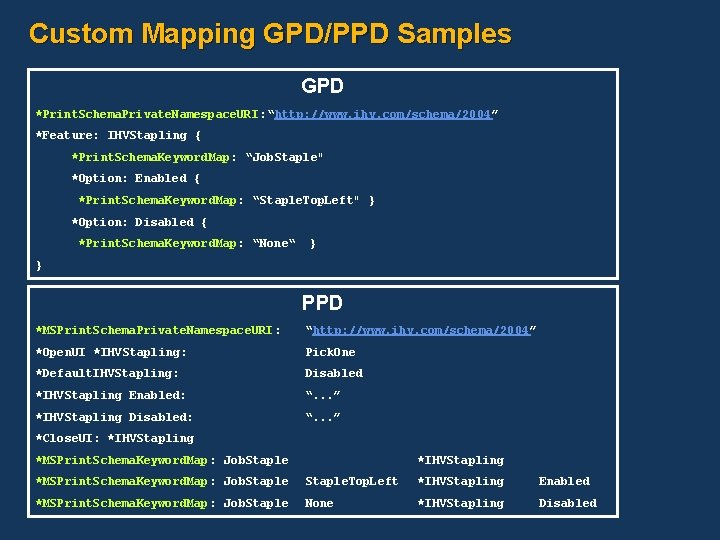 Custom Mapping GPD/PPD Samples GPD *Print. Schema. Private. Namespace. URI : “http: //www. ihv. Custom Mapping GPD/PPD Samples GPD *Print. Schema. Private. Namespace. URI : “http: //www. ihv.
