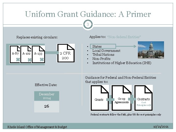 Uniform Grant Guidance: A Primer 3 Applies to: “Non-federal Entities” Replaces existing circulars: A-87