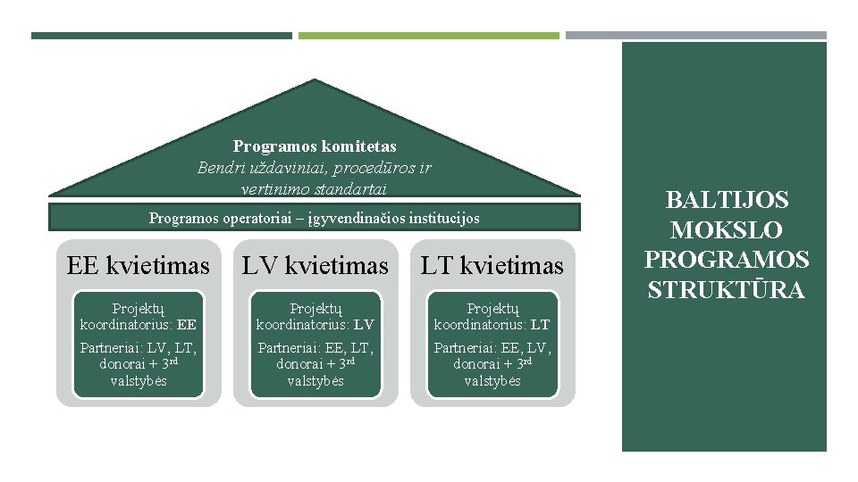 Programos komitetas Bendri uždaviniai, procedūros ir vertinimo standartai Programos operatoriai – įgyvendinačios institucijos EE