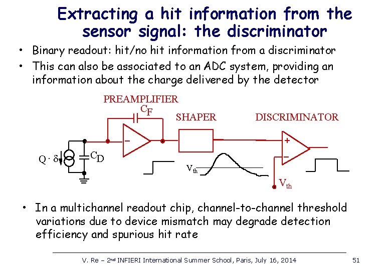 Extracting a hit information from the sensor signal: the discriminator • Binary readout: hit/no
