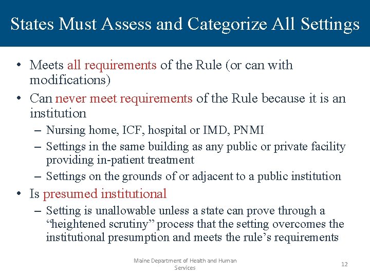 States Must Assess and Categorize All Settings • Meets all requirements of the Rule