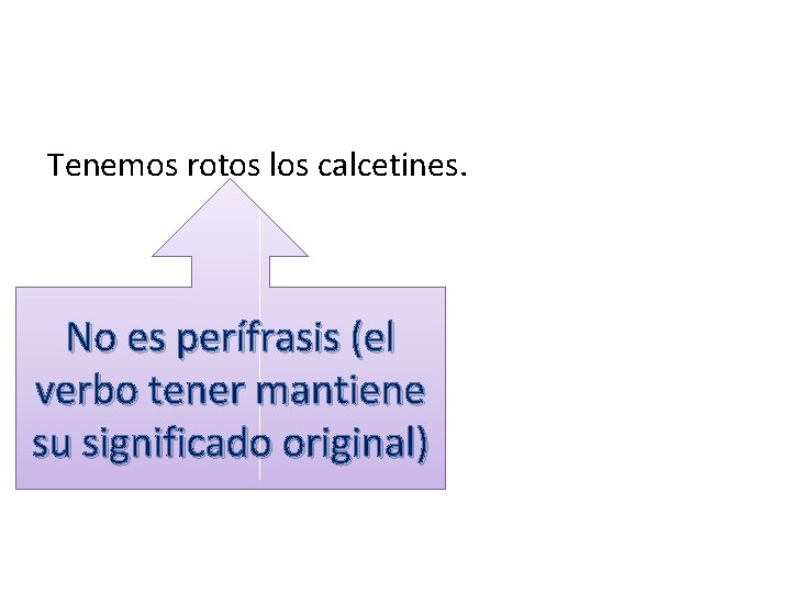 Tenemos rotos los calcetines. No es perífrasis (el verbo tener mantiene su significado original) Tenemos rotos los calcetines. No es perífrasis (el verbo tener mantiene su significado original)