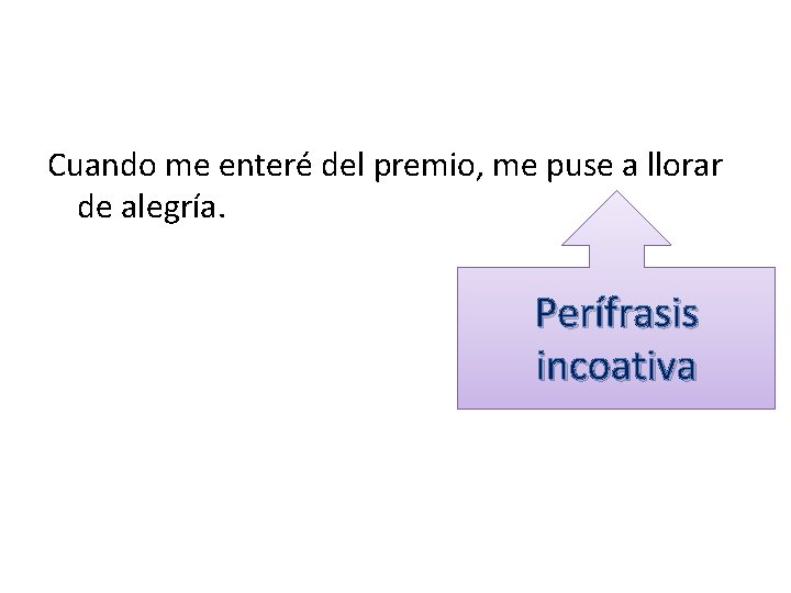 Cuando me enteré del premio, me puse a llorar de alegría. Perífrasis incoativa Cuando me enteré del premio, me puse a llorar de alegría. Perífrasis incoativa