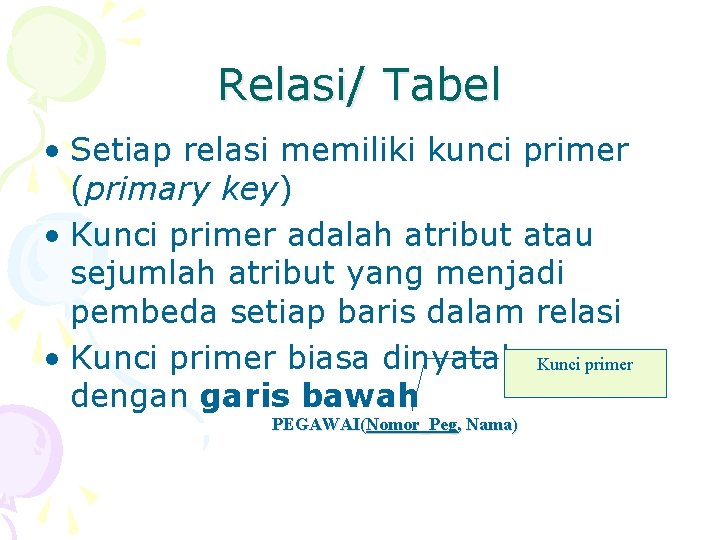 Relasi/ Tabel • Setiap relasi memiliki kunci primer (primary key) • Kunci primer adalah