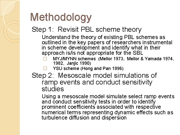 Methodology Step 1: Revisit PBL scheme theory Understand theory of existing PBL schemes as