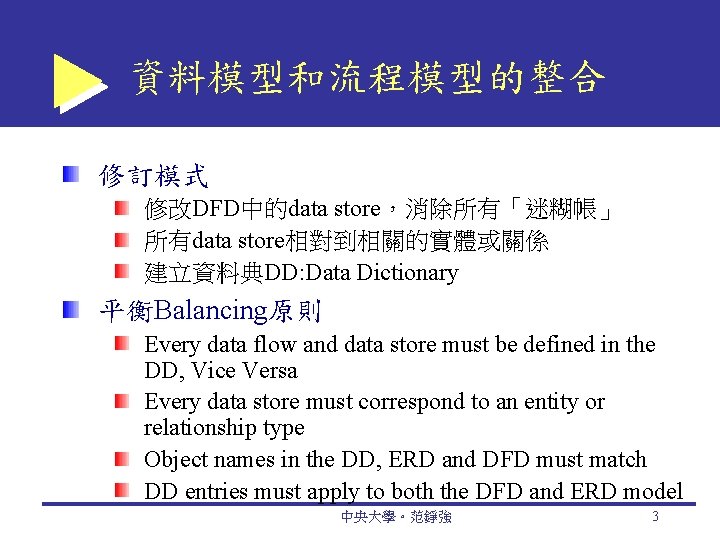 資料模型和流程模型的整合 修訂模式 修改DFD中的data store，消除所有「迷糊帳」 所有data store相對到相關的實體或關係 建立資料典DD: Data Dictionary 平衡Balancing原則 Every data flow and