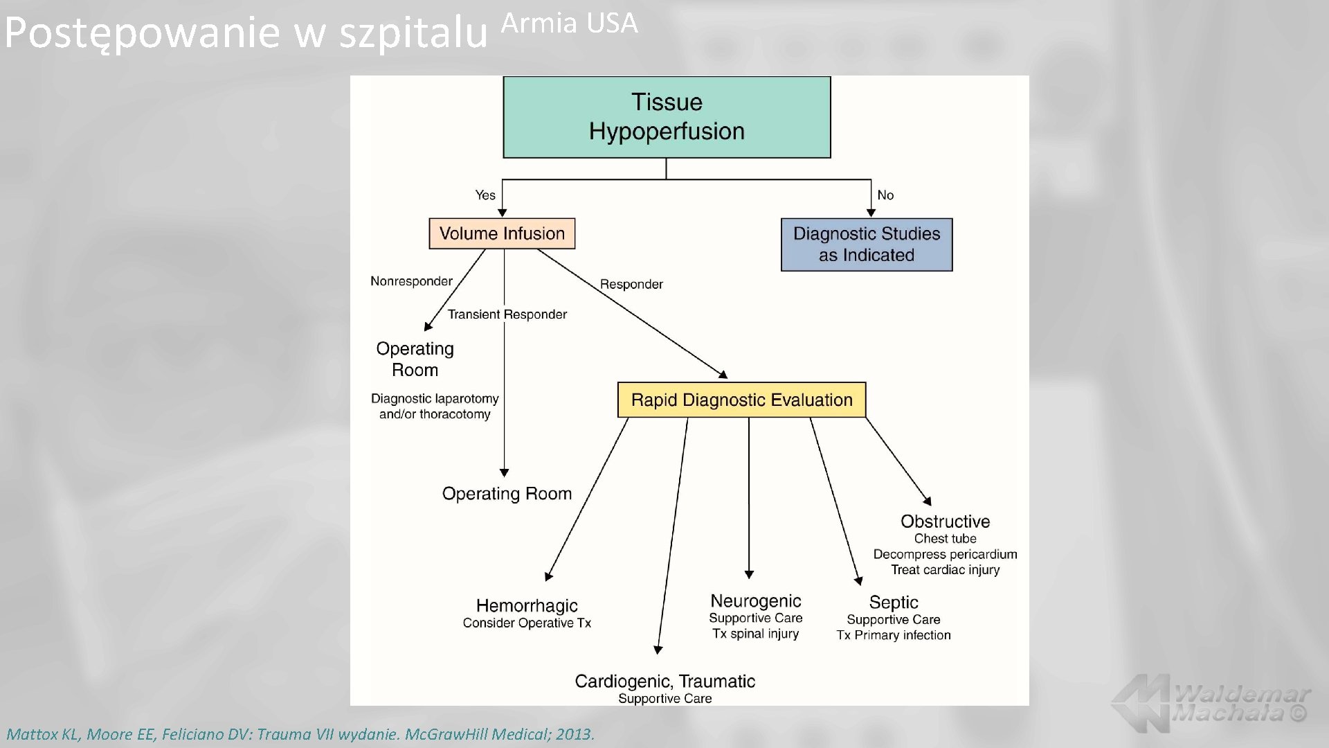 Postępowanie w szpitalu Armia USA Mattox KL, Moore EE, Feliciano DV: Trauma VII wydanie.