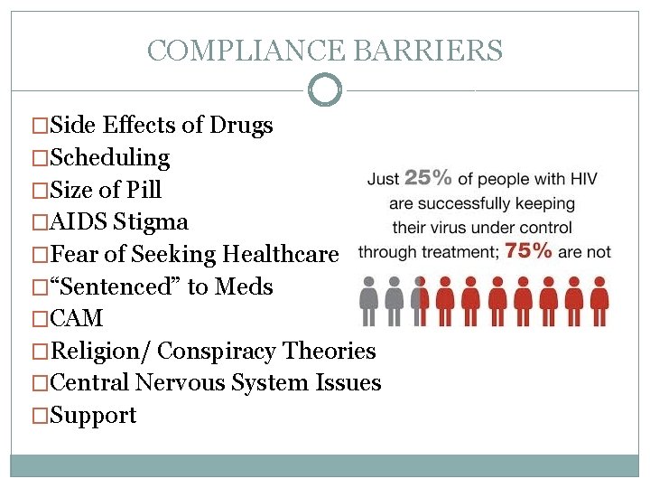 COMPLIANCE BARRIERS �Side Effects of Drugs �Scheduling �Size of Pill �AIDS Stigma �Fear of