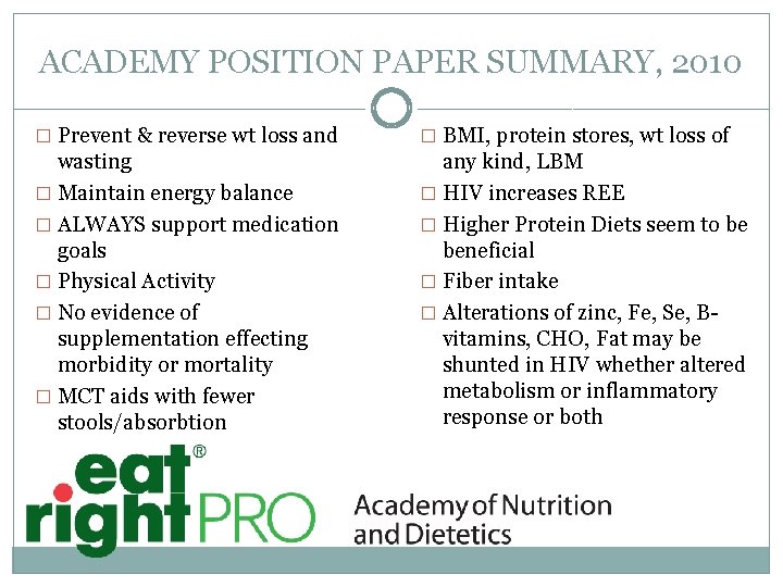 ACADEMY POSITION PAPER SUMMARY, 2010 � Prevent & reverse wt loss and � BMI,