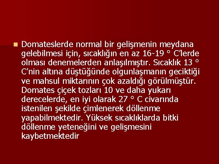 n Domateslerde normal bir gelişmenin meydana gelebilmesi için, sıcaklığın en az 16 -19 °