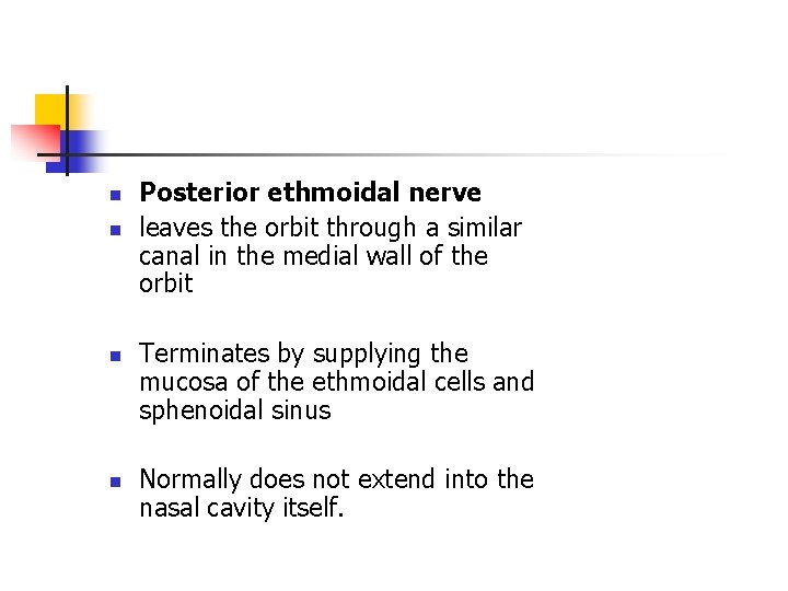 n n Posterior ethmoidal nerve leaves the orbit through a similar canal in the
