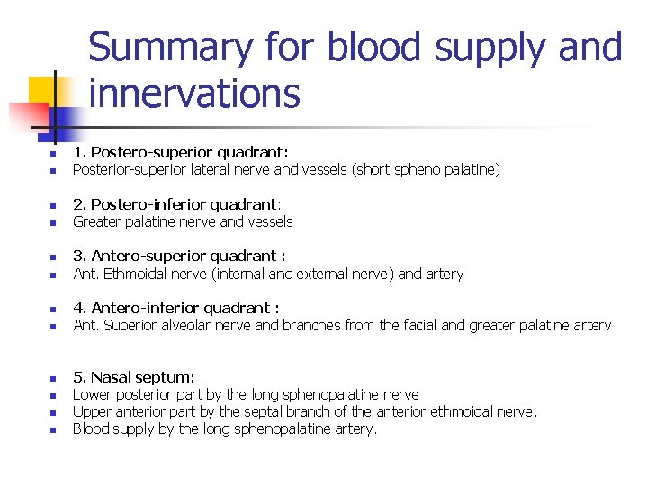 Summary for blood supply and innervations n n n 1. Postero-superior quadrant: Posterior-superior lateral
