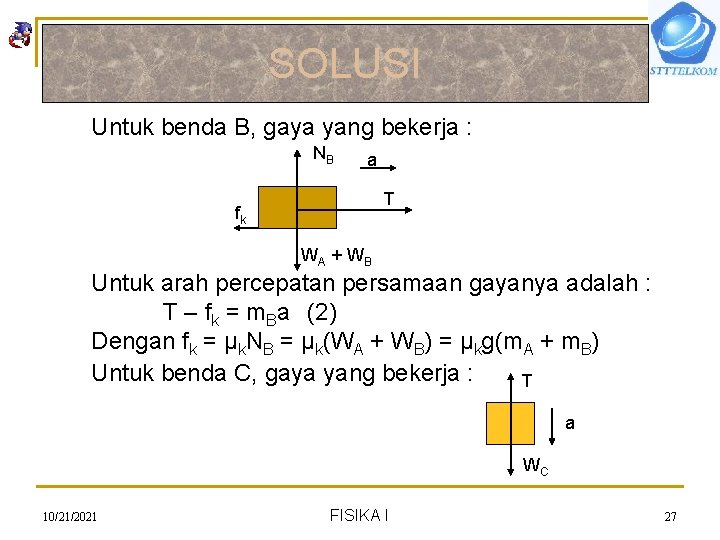 SOLUSI Untuk benda B, gaya yang bekerja : NB a T fk WA +