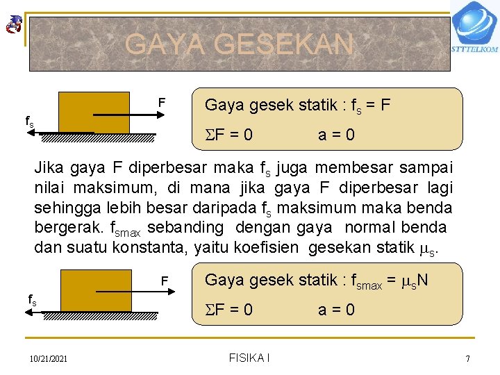 GAYA GESEKAN F fs Gaya gesek statik : fs = F F = 0