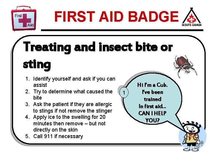 FIRST AID BADGE Treating and insect bite or sting 1. Identify yourself and ask