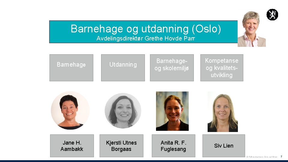 Barnehage og utdanning (Oslo) Avdelingsdirektør Grethe Hovde Parr Barnehage Utdanning Jane H. Aambakk Kjersti