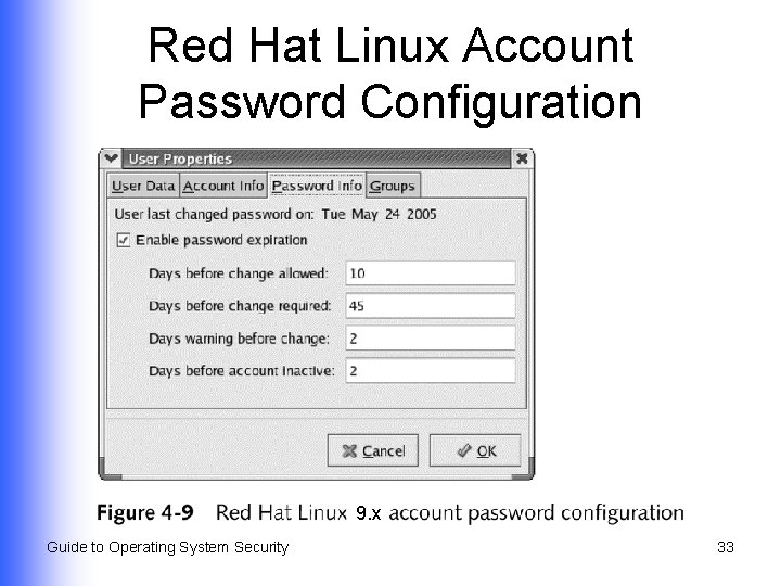 Red Hat Linux Account Password Configuration 9. x Guide to Operating System Security 33