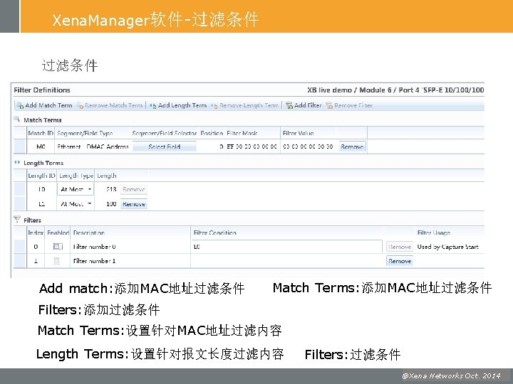 Xena. Manager软件-过滤条件 Add match: 添加MAC地址过滤条件 Match Terms: 添加MAC地址过滤条件 Filters: 添加过滤条件 Match Terms: 设置针对MAC地址过滤内容 Length