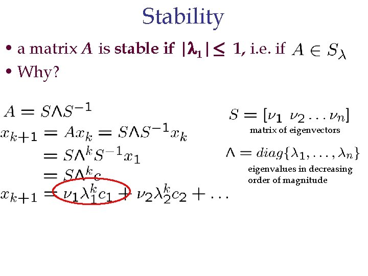 Stability • a matrix A is stable if | 1|· 1, i. e. if