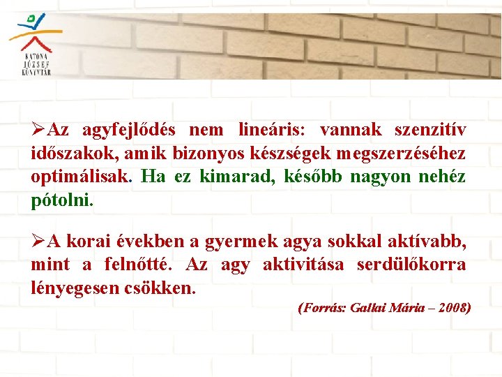 ØAz agyfejlődés nem lineáris: vannak szenzitív időszakok, amik bizonyos készségek megszerzéséhez optimálisak. Ha ez