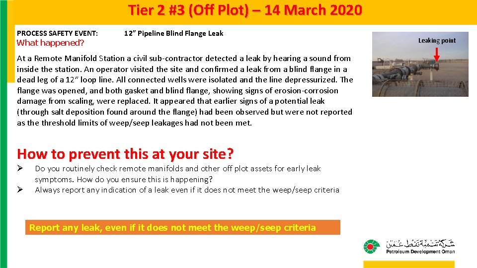 Tier 2 #3 (Off Plot) – 14 March 2020 PROCESS SAFETY EVENT: What happened?
