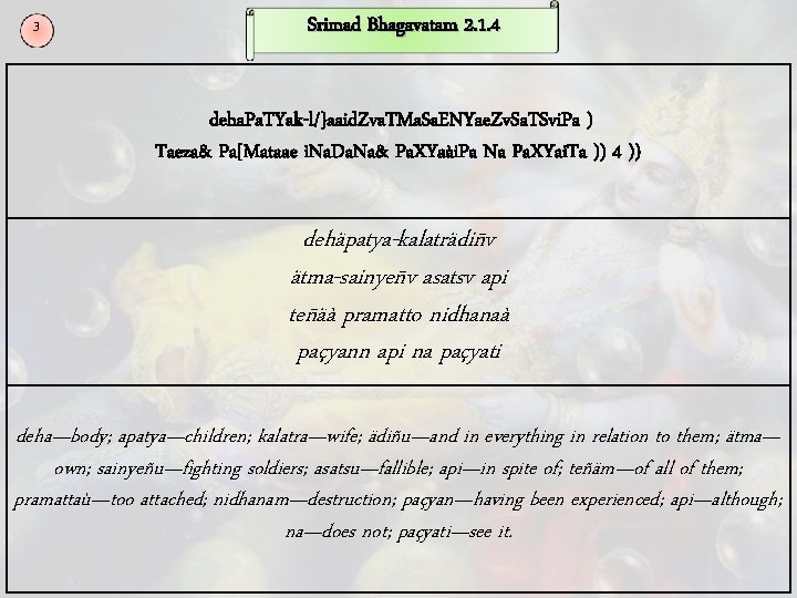 3 Srimad Bhagavatam 2. 1. 4 deha. Pa. TYak-l/}aaid. Zva. TMa. Sa. ENYae. Zv.