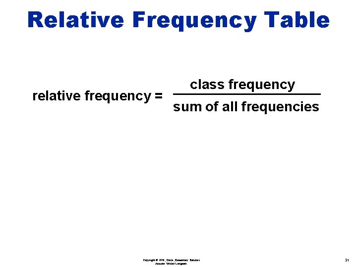 Relative Frequency Table relative frequency = class frequency sum of all frequencies Copyright ©