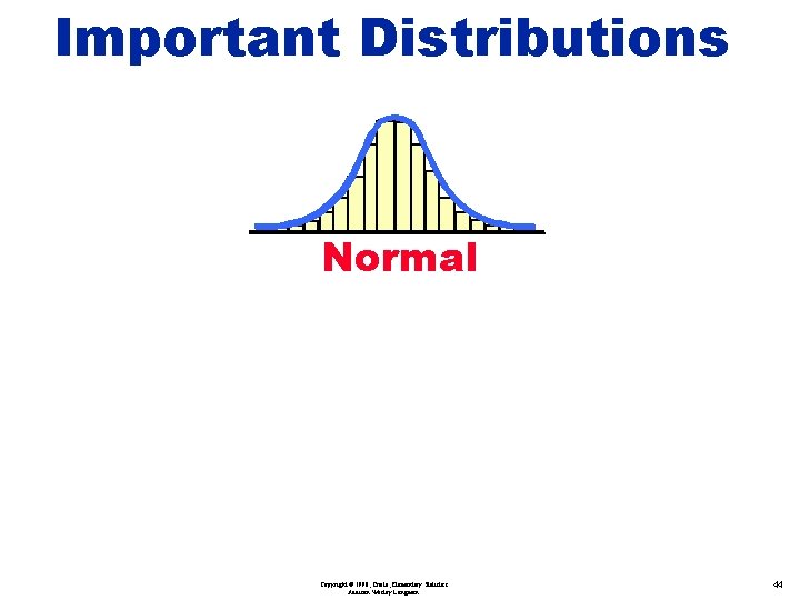 Important Distributions Normal Copyright © 1998, Triola, Elementary Statistics Addison Wesley Longman. 44 