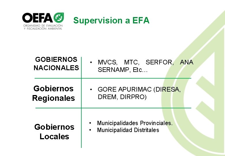 Supervision a EFA GOBIERNOS NACIONALES • MVCS, MTC, SERFOR, ANA SERNAMP, Etc… Gobiernos Regionales