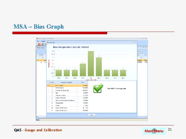 MSA – Bias Graph. QMS – Gauge and Calibration Main Menu 21 