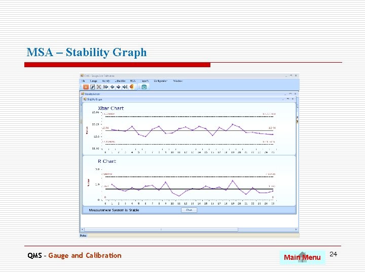 MSA – Stability Graph. QMS – Gauge and Calibration Main Menu 24 