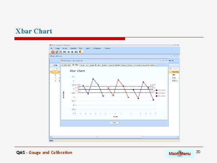 Xbar Chart. QMS – Gauge and Calibration Main Menu 30 